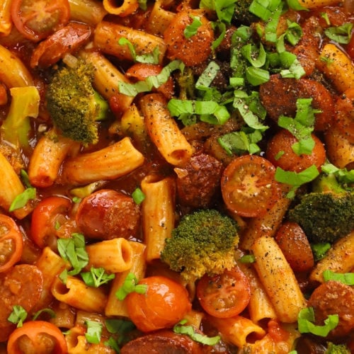 close up chorizo pasta