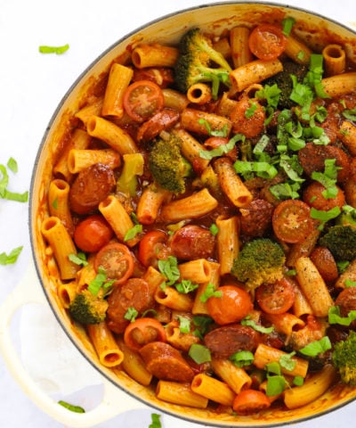 Easy chorizo pasta recipe with broccoli and tomato