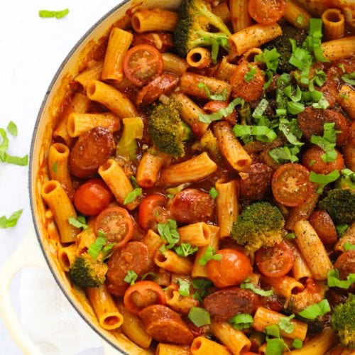 Easy chorizo pasta recipe with broccoli and tomato