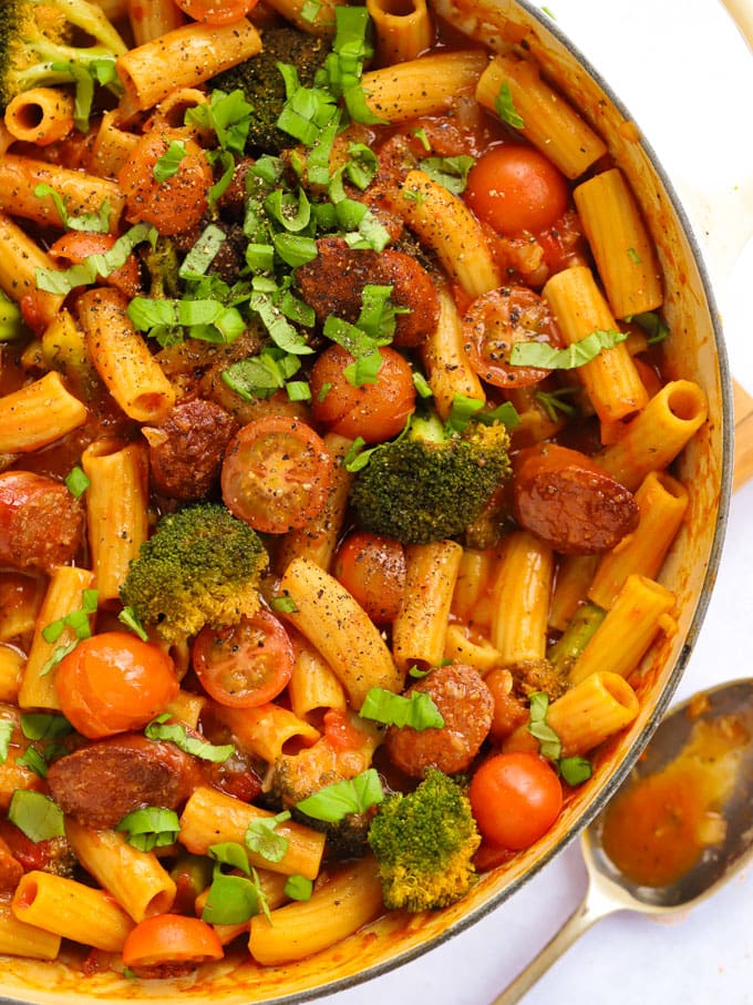 Chorizo pasta with tomato sauce and broccoli