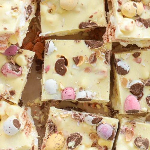 Easter white chocolate no bake rocky road squares