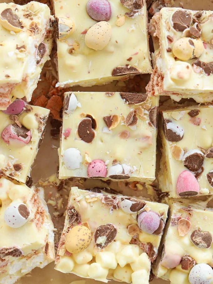 Easter white chocolate no bake rocky road squares