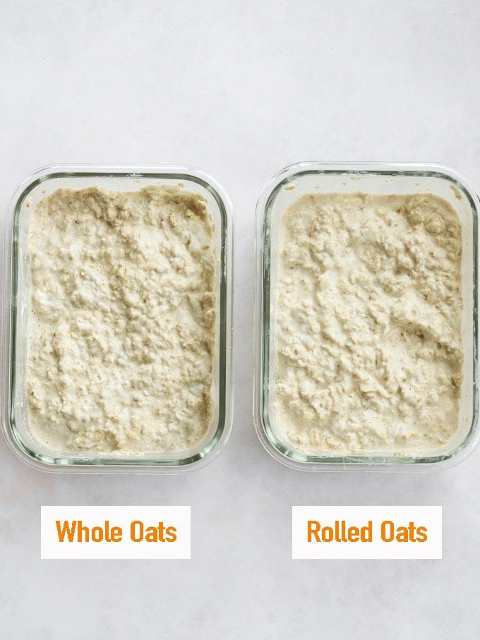 Whole oats or jumbo oats in two tubs to show the difference between them.