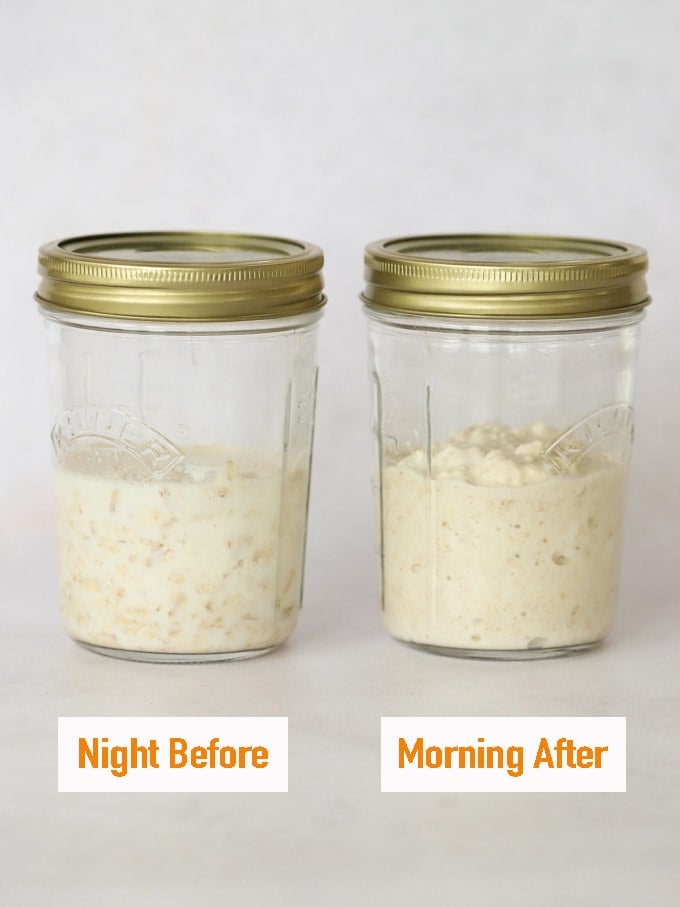 Overnight oats before and after leaving overnight