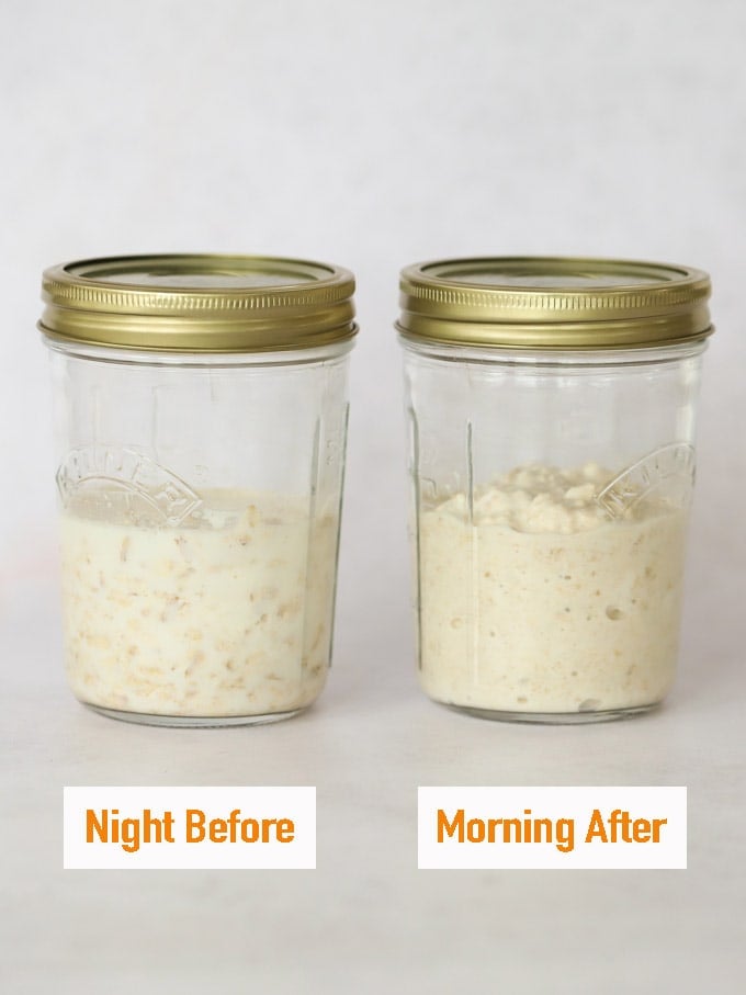 Two jars with lids on, inside is overnight oats mixtures. The one of the left says 'night before'. The one on the left says 'morning after' to show the comparison.