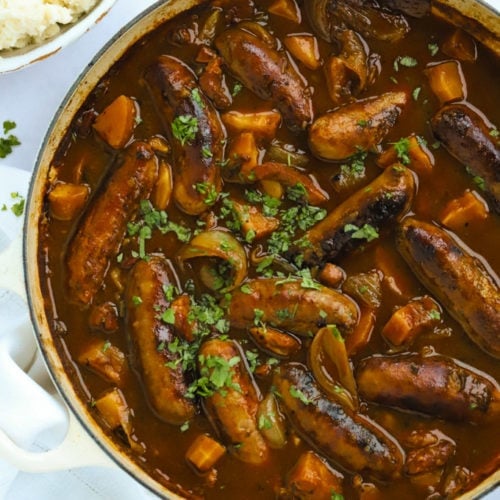 Sausage casserole recipe slow cooked with cider and bacon