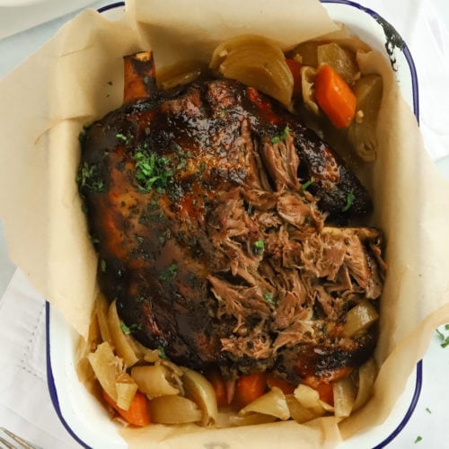 Slow cooker lamb shoulder roast with mint jelly carrots and onions for Easter Sunday lunch