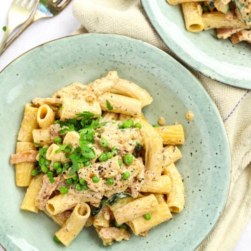 Cream cheese pasta recipe with bacon and vegetables