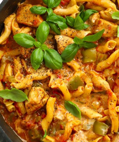 Pasta with spiced chicken and tomato sauce and basil leaves on top