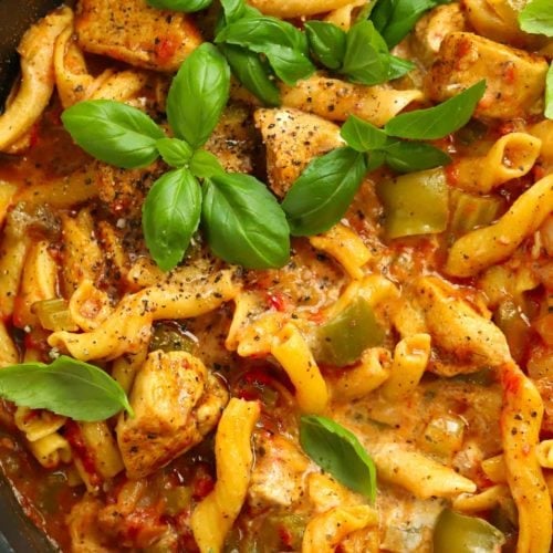 Pasta with spiced chicken and tomato sauce and basil leaves on top