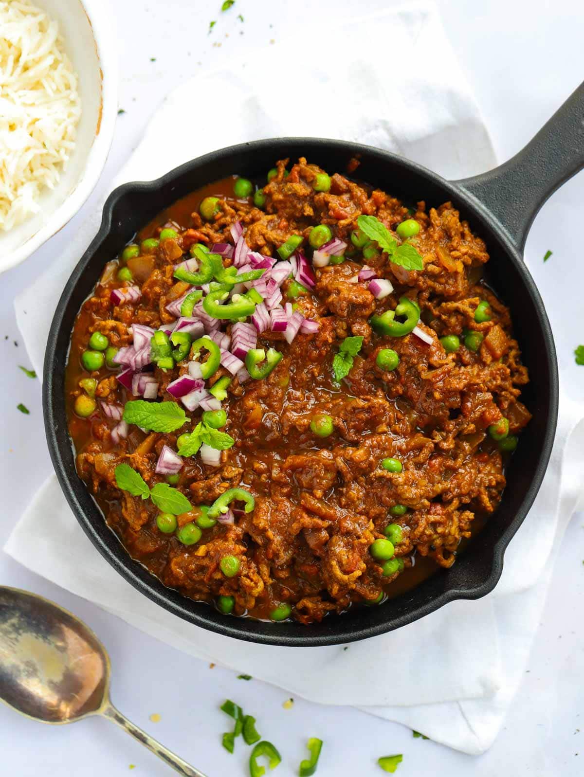 Beef Keema Curry in a pan, ready to serve.