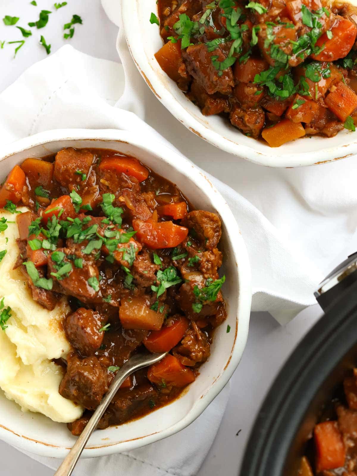 Slow Cooker Beef Casserole with vegetables and gravy comfort food