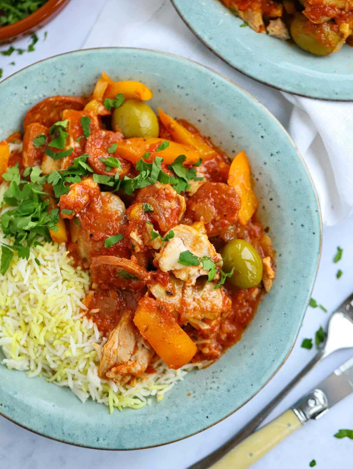 Chicken and Chorizo Slow Cooker Casserole with olives and peppers.