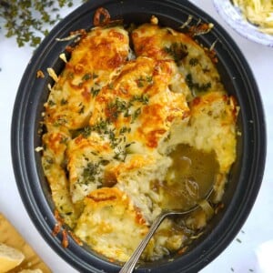 slow cooker French onion soup with cheese crust