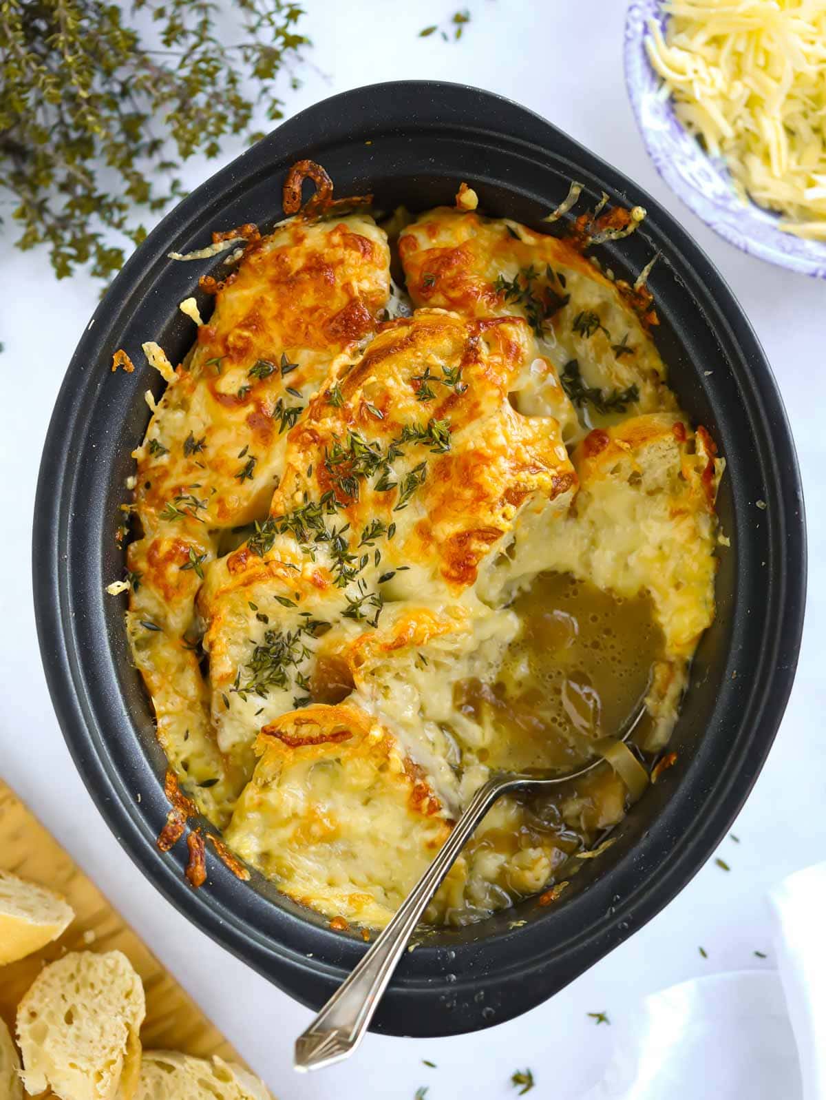 slow cooker French onion soup with cheese crust