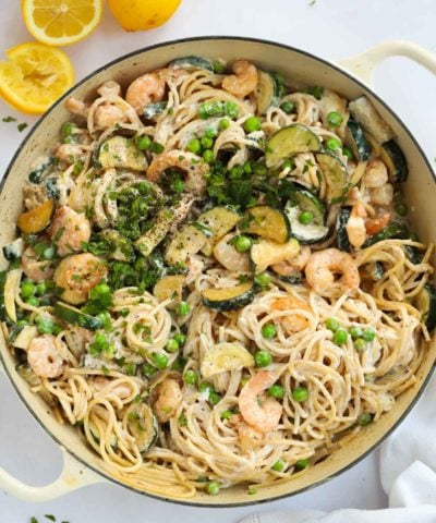 Easy prawn pasta recipe with creamy garlic sauce