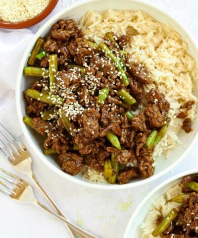 Mince beef stir fry served with rice on the side