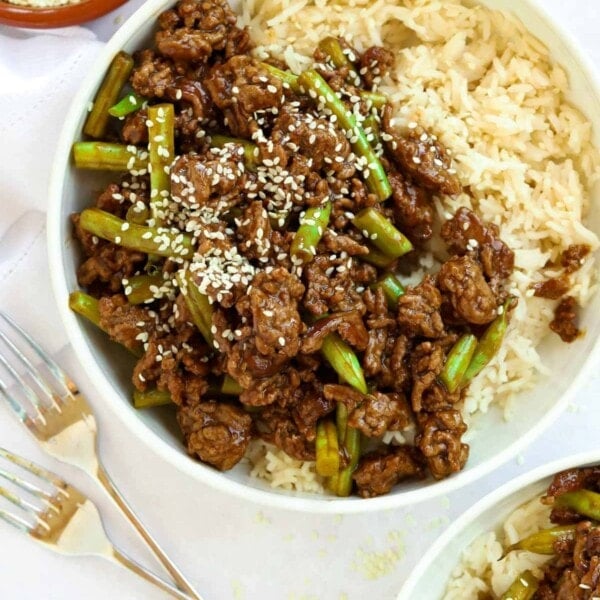 Mince beef stir fry served with rice on the side