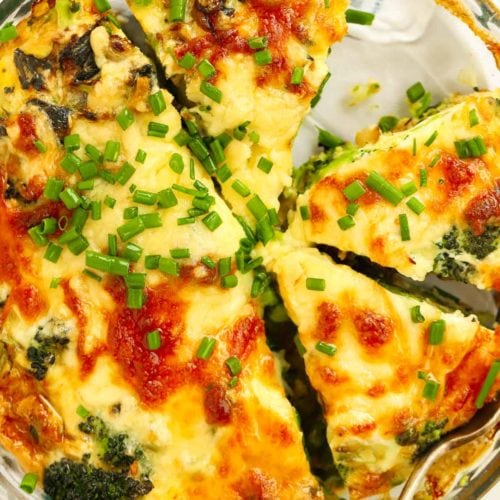 Slices of crustless quiche with vegetable and cheese filling