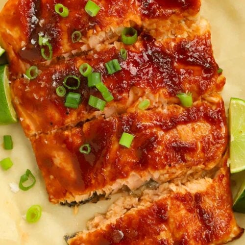 An easy salmon recipe. Close up of Honey BBQ Salmon with stick glaze