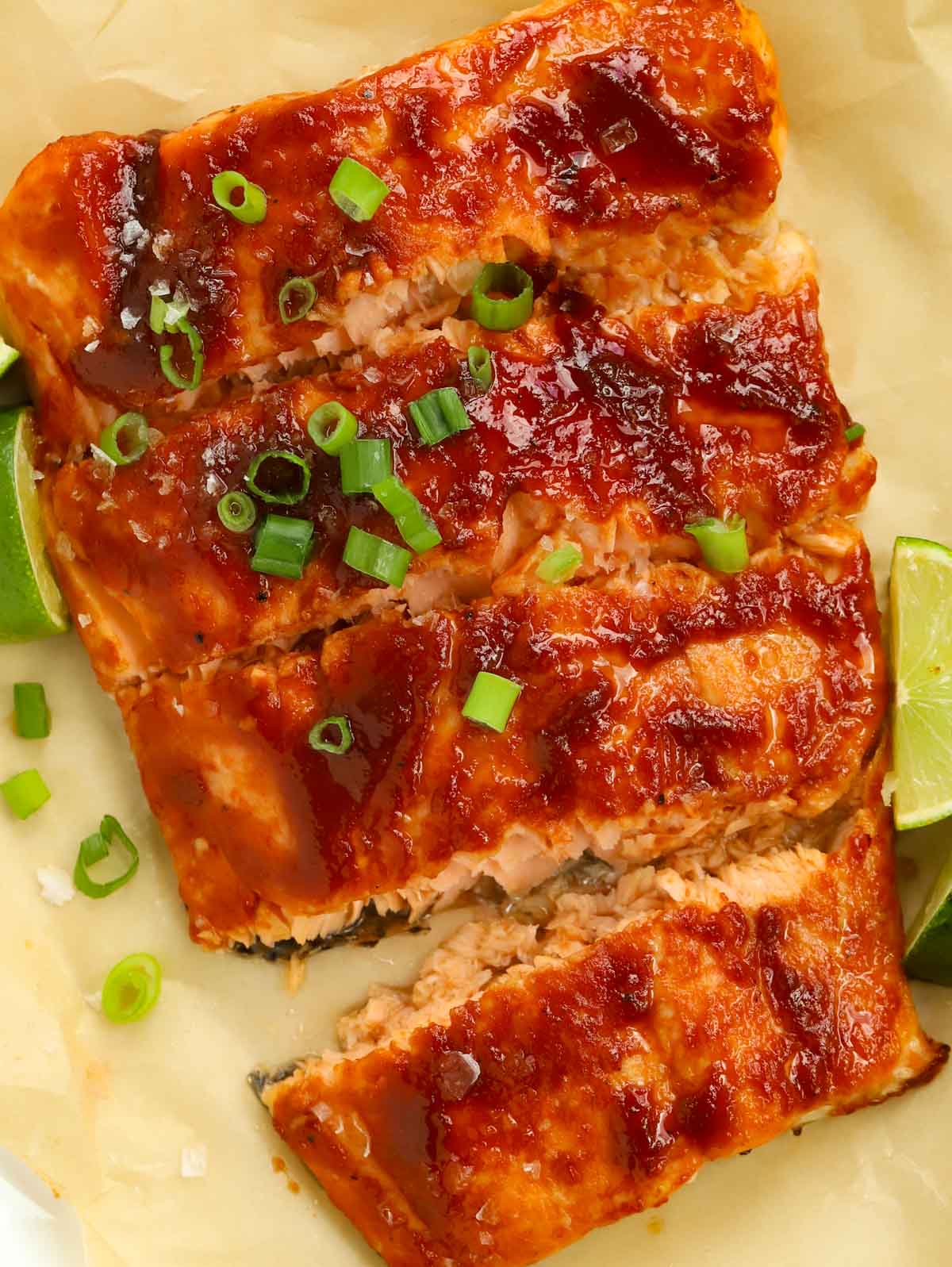 An easy salmon recipe. Close up of Honey BBQ Salmon with stick glaze