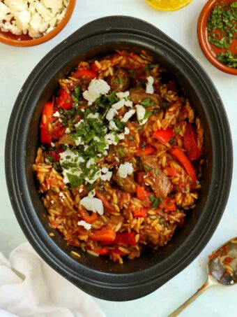 A recipe for Greek Lamb Casserole with Orzo made in the slow cooker