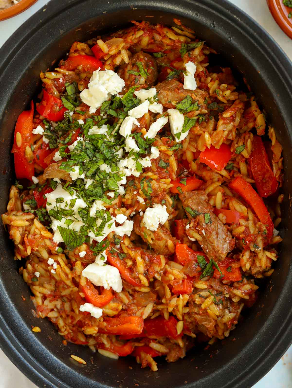 Lamb orzo greek casserole made in the slow cooker