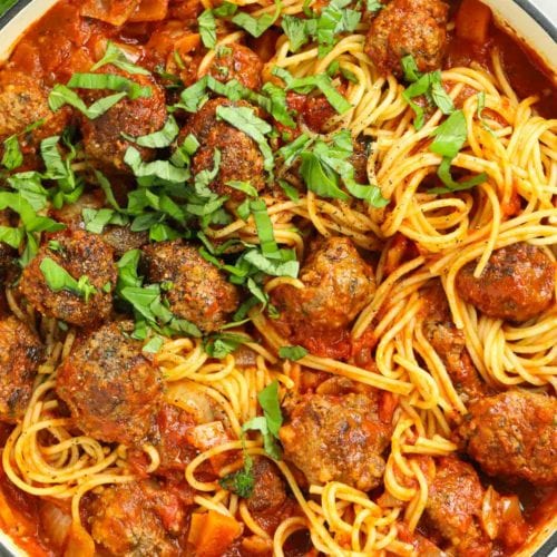 Easy meatballs mixed with a rich sauce and spaghetti for a hearty family dinner