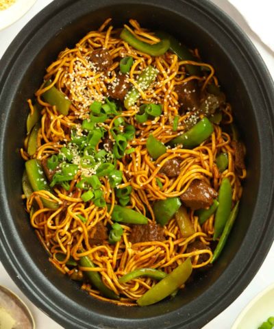Sticky sauce beef noodles made in the slow cooker