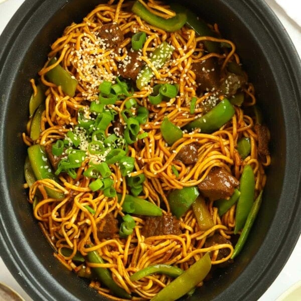 Sticky sauce beef noodles made in the slow cooker