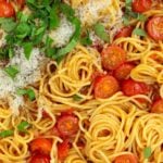 Close up of spaghetti and tomatoes in this easy one pot pasta recipe
