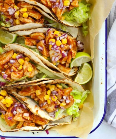 Chicken taco family friendly dinner recipe in an oven tray
