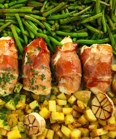 prosciutto wrapped chicken served with Parmentier potatoes and green beans. A simple family recipe
