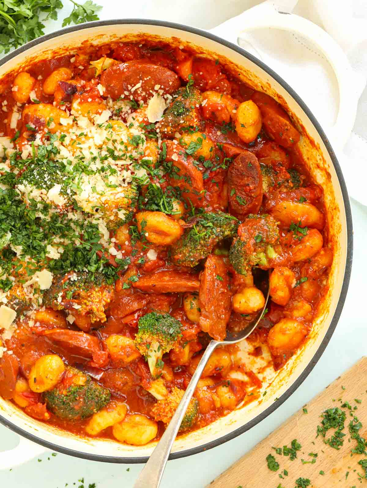 one-pan family dinner recipe with chorizo and gnocchi