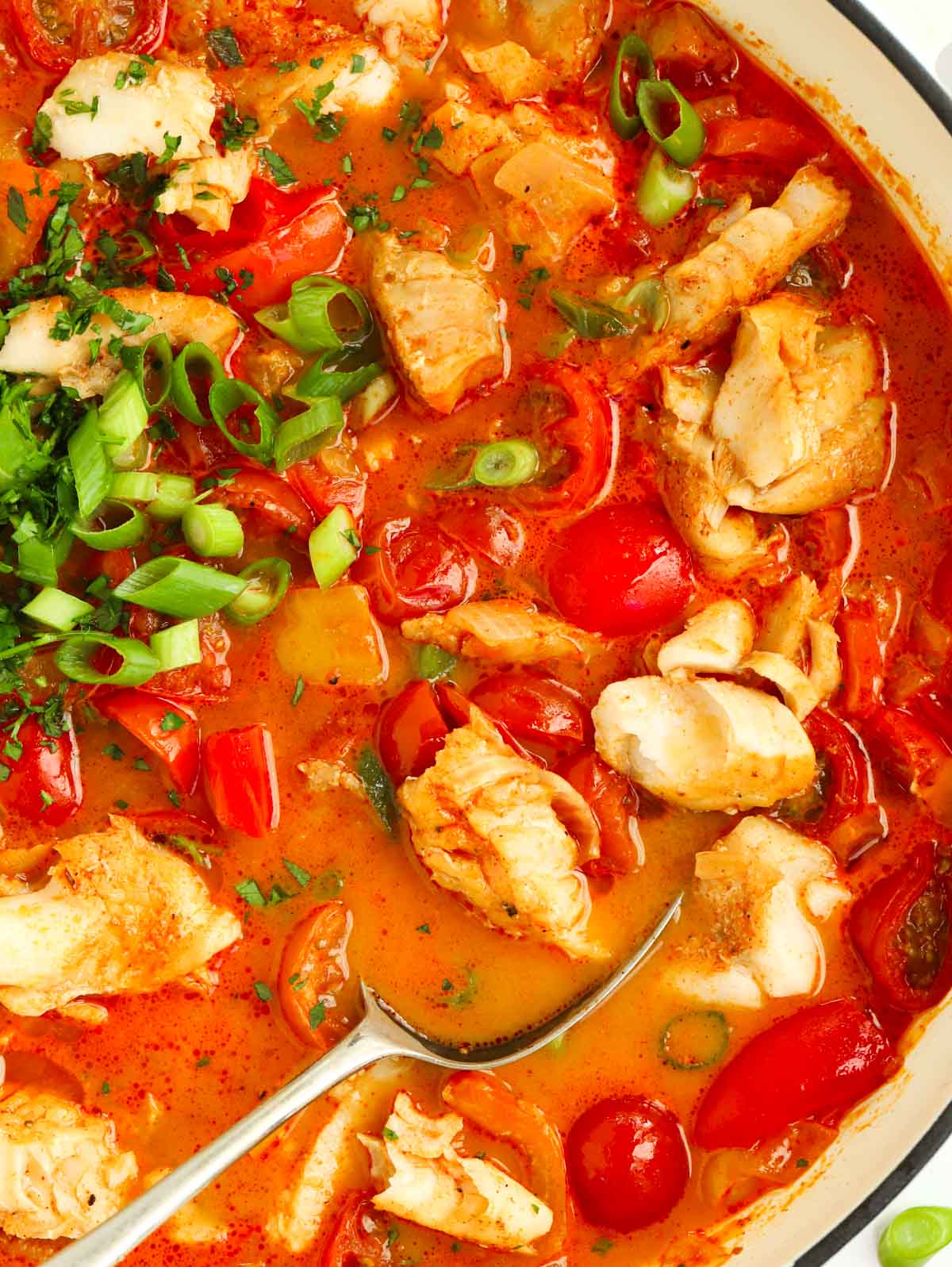 Simple Moqueca-style fish stew recipe. A big bowl of it ready to serve.