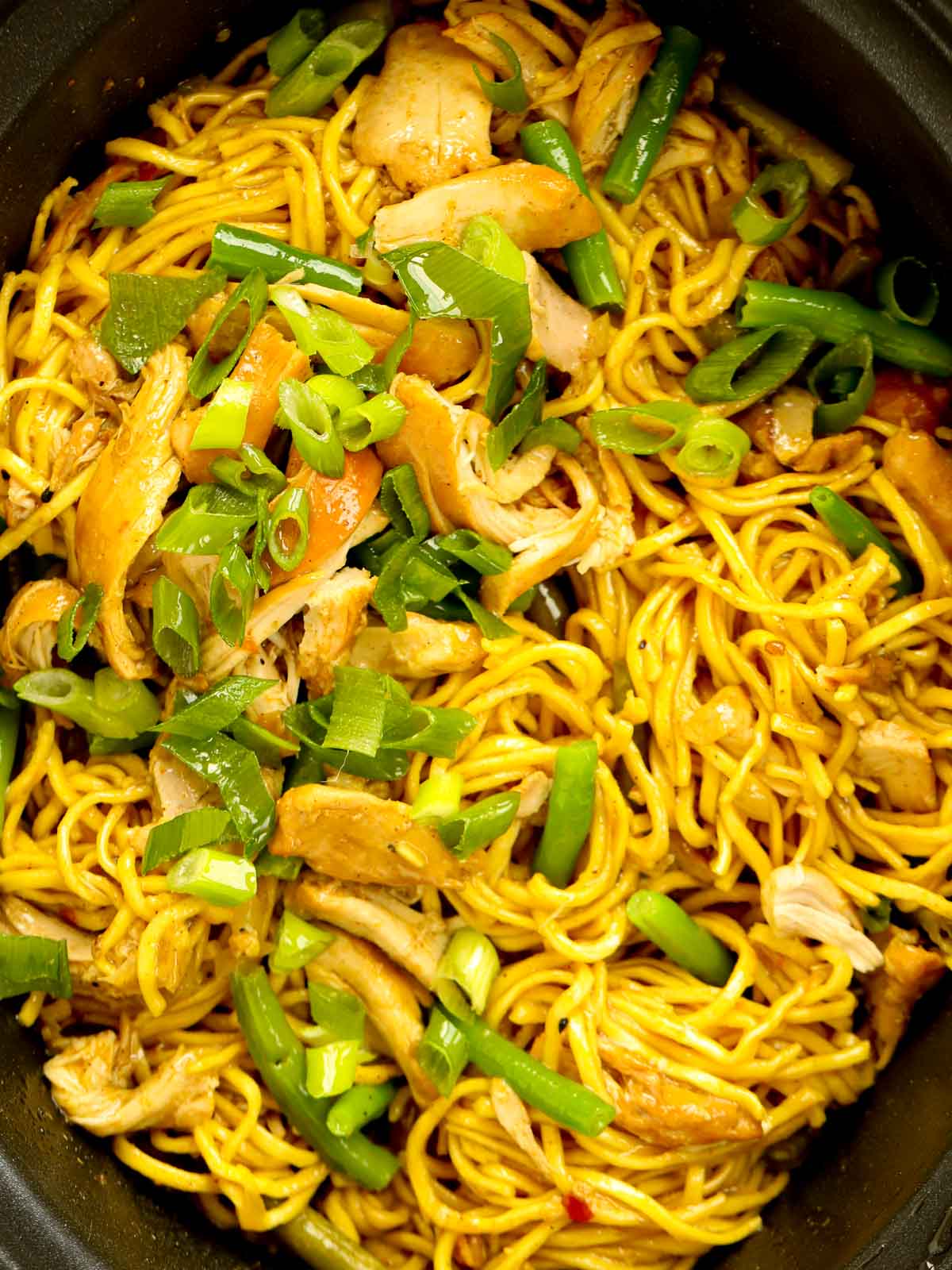 Close up of family friendly recip - Chicken Noodles with Curry Sauce - made in the slow cooker