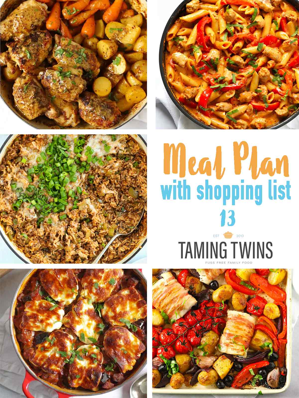 Meal Plan 13 features 5 family friendly midweek recipes for dinner.