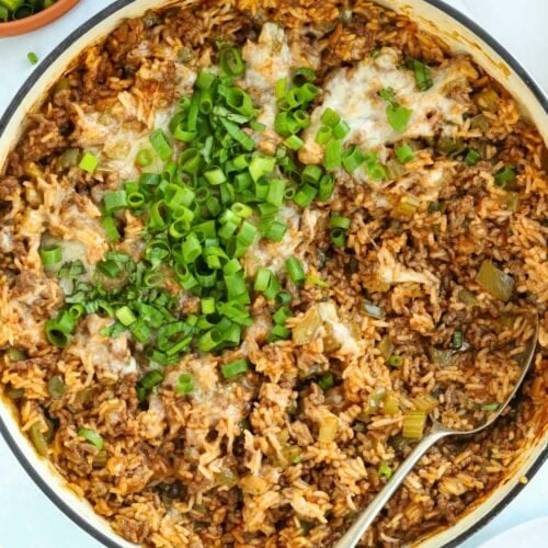 Family friendly dinner of Cajun beef with rice
