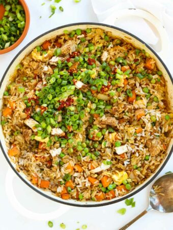 Colourful bowl on table filled with Egg Fried Rice with Chicken dish