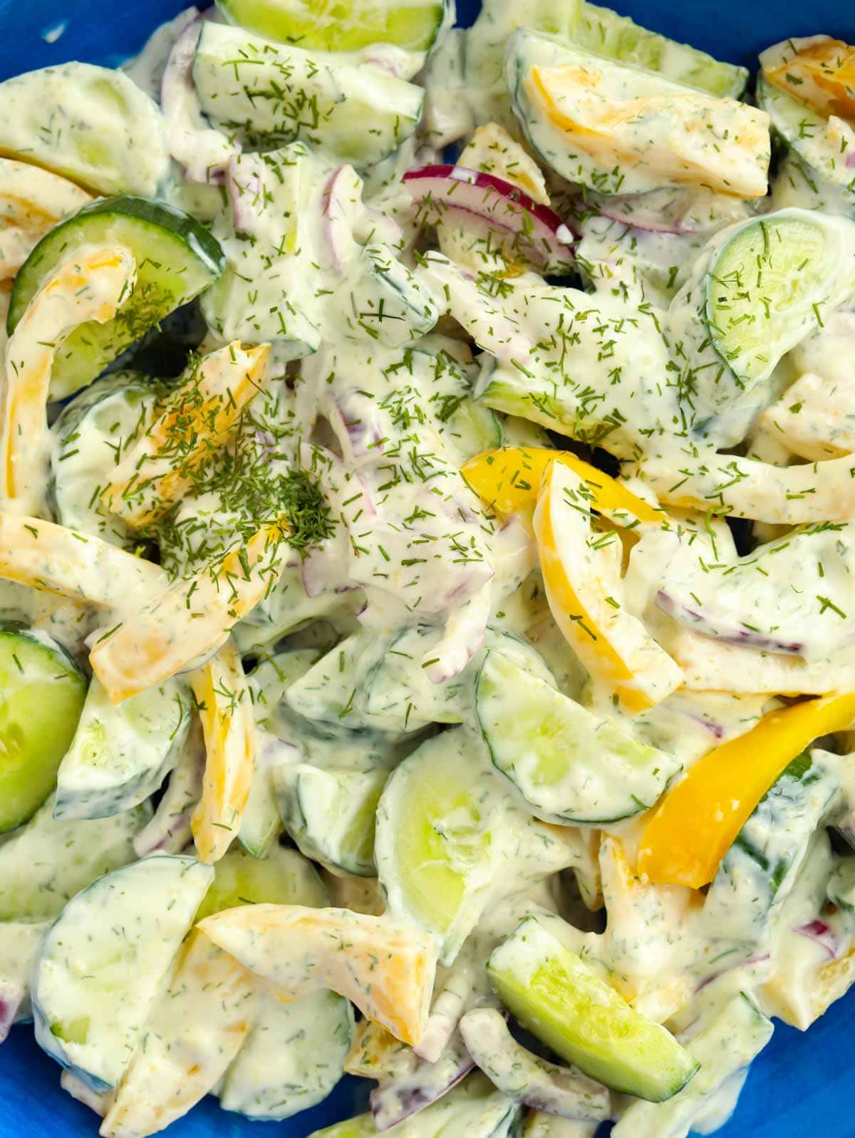 Close up of cucumber salad topped with dill