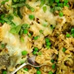 A vegetarian dish made up of broccoli, orzo and peas