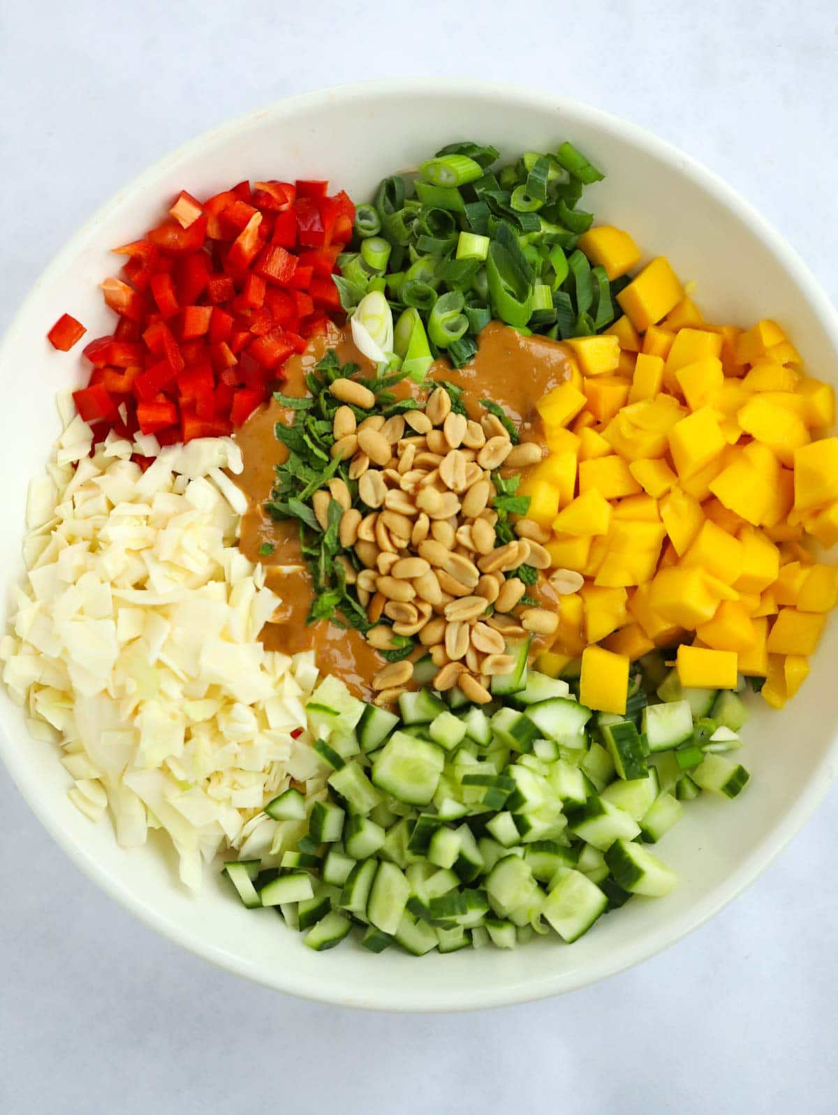 Ingredients for a Thai-style salad with peanut butter salad dressing