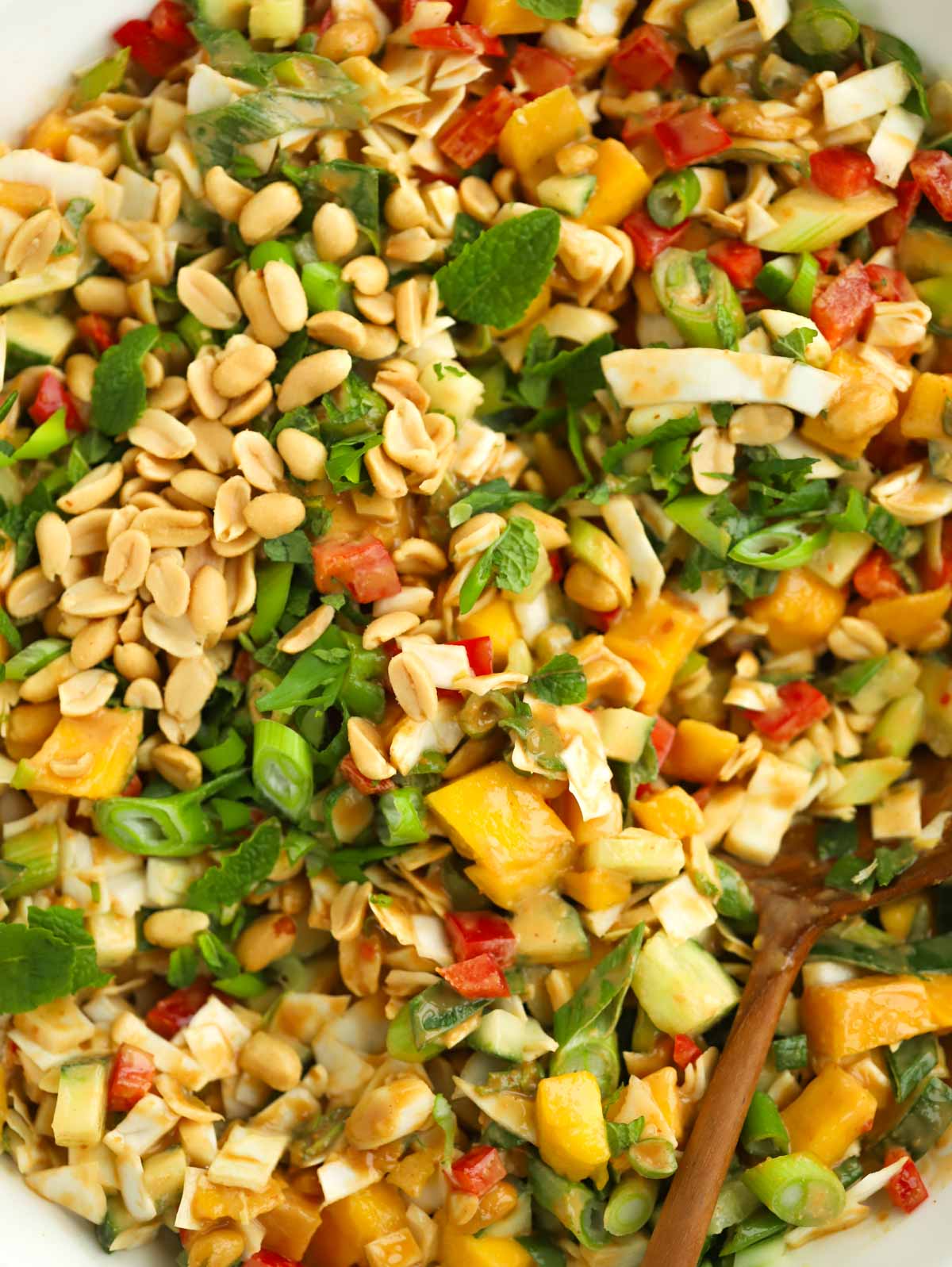 Close up of a Thai-style salad with peanut butter dressing