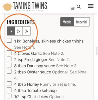 Screenshot to show how to adjust the recipe card on my site for more servings.