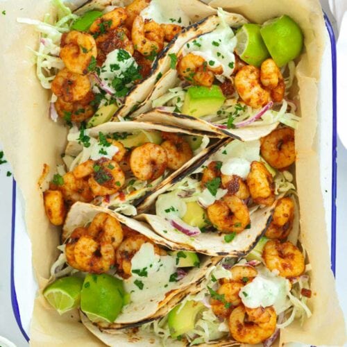 A dish full of Cajun prawn tacos for a family friendly recipe
