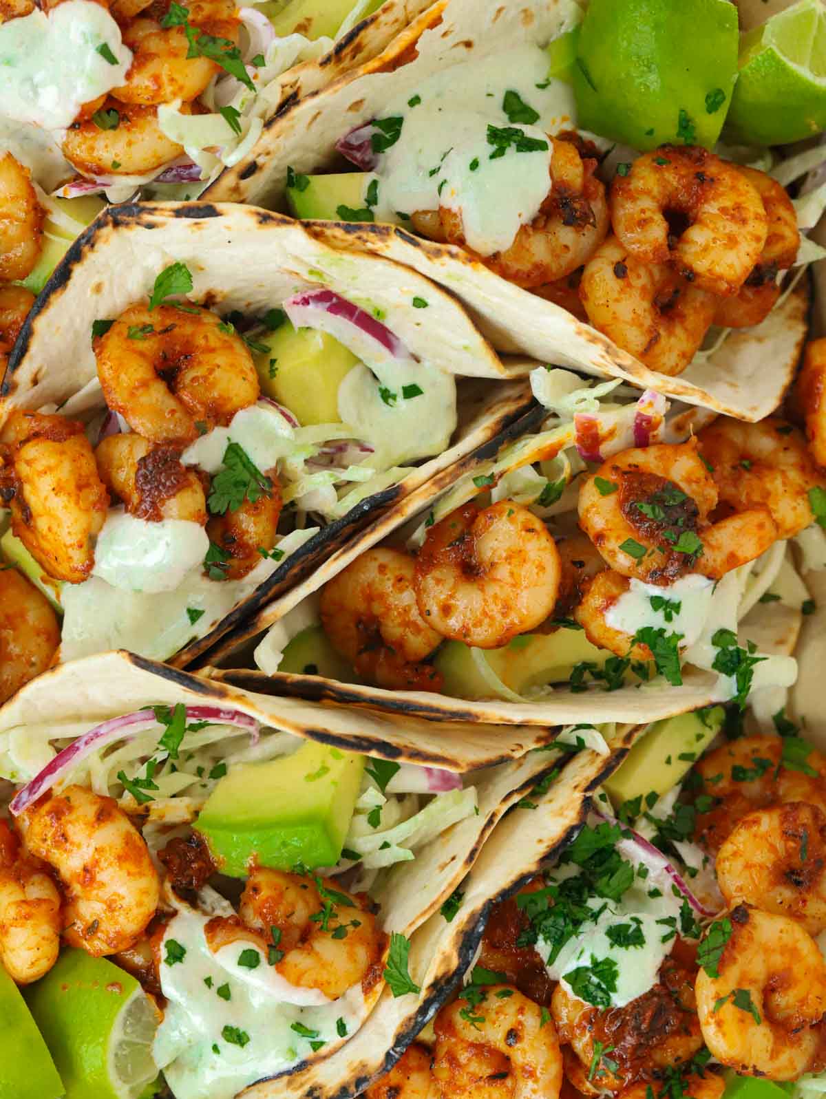 Close up of a dish full of Cajun prawn tacos with a zesty slaw and lime dressing