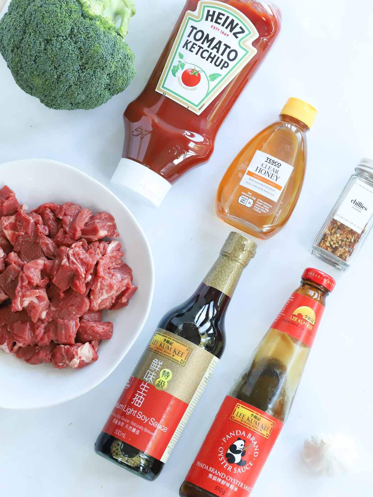 Ingredients laid out for Slow Cooker Beef and Broccoli recipe.