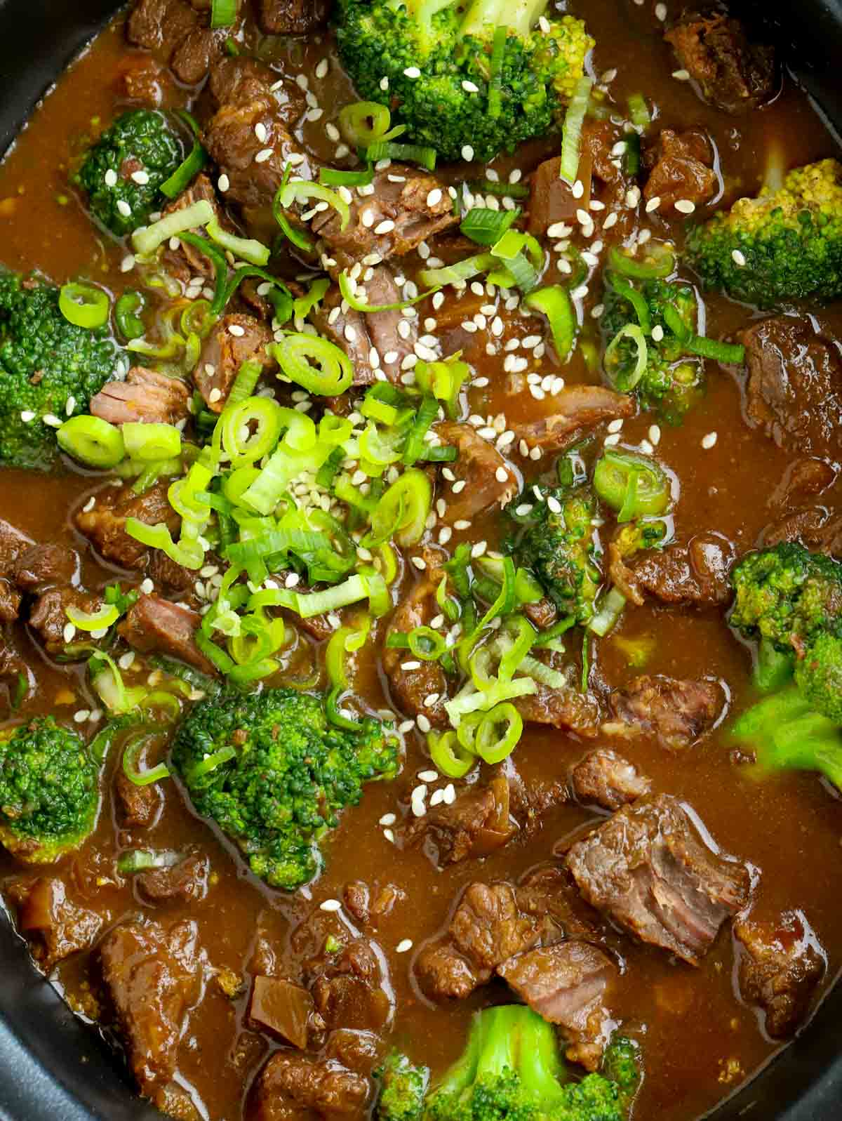 Close up of the dish Beef and Broccoli made in a slow cooker.