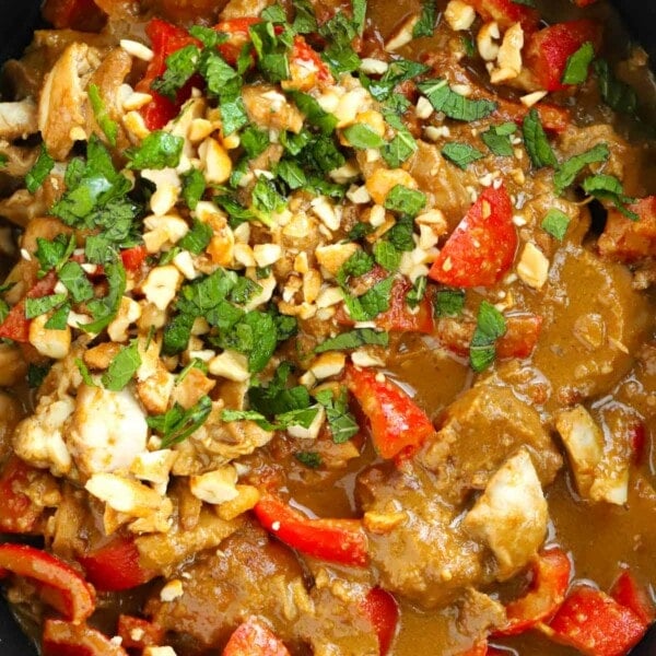 Close up of the dish Slow Cooker Chicken Satay.