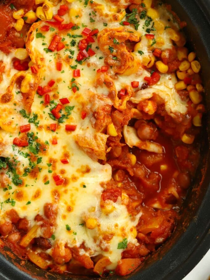 A close up of veggie enchiladas made in the slow cooker.